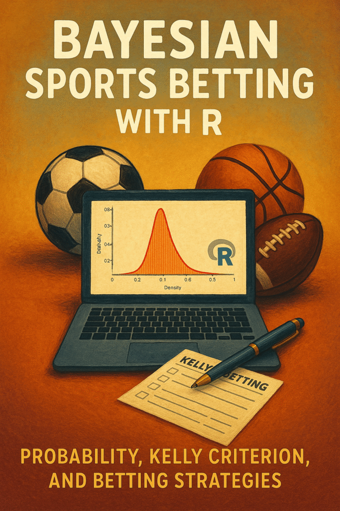 Book cover of “Bayesian Sports Betting with R: Probability, Kelly Criterion and Betting Strategies” showing a laptop with a Bayesian probability curve on screen, surrounded by a soccer ball, basketball, and football, with a Kelly betting slip and pen in the foreground, on a warm orange gradient background.