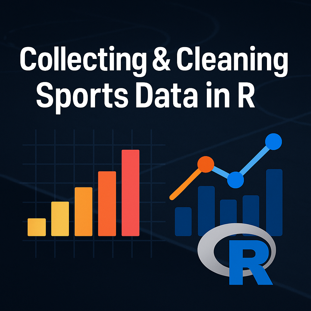 Square graphic with title 'Collecting & Cleaning Sports Data in R', showing colorful bar and line charts on a dark sports-themed background with the R programming logo.