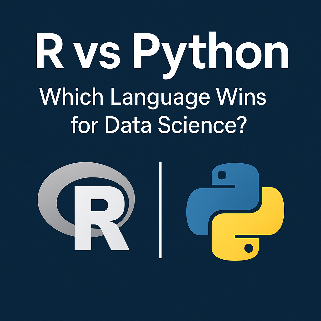 Square graphic comparing R and Python for data science, featuring logos of both languages, contrasting strengths like visualization and machine learning, in a clean data-science themed design.