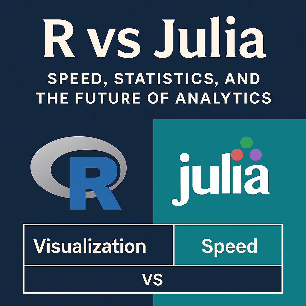 Square graphic comparing R and Julia for data science, featuring their logos with contrasting themes: R linked to visualization, Julia linked to speed, and the tagline 'Speed, Statistics, and the Future of Analytics' in bold typography