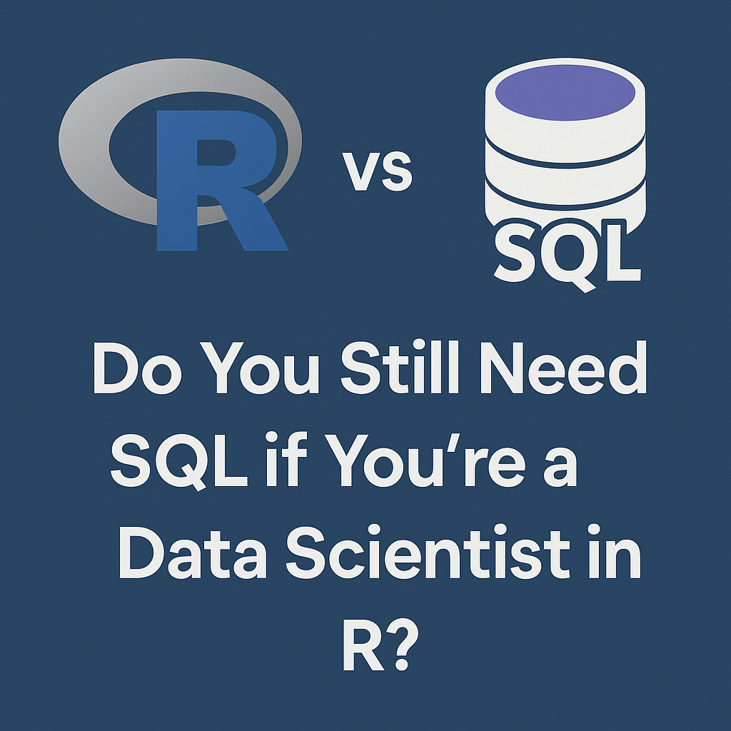 Square digital graphic comparing R and SQL for data science, featuring the R logo on the left, a database icon with SQL text on the right, and the central question: 'Do You Still Need SQL if You’re a Data Scientist in R?' on a deep blue background.