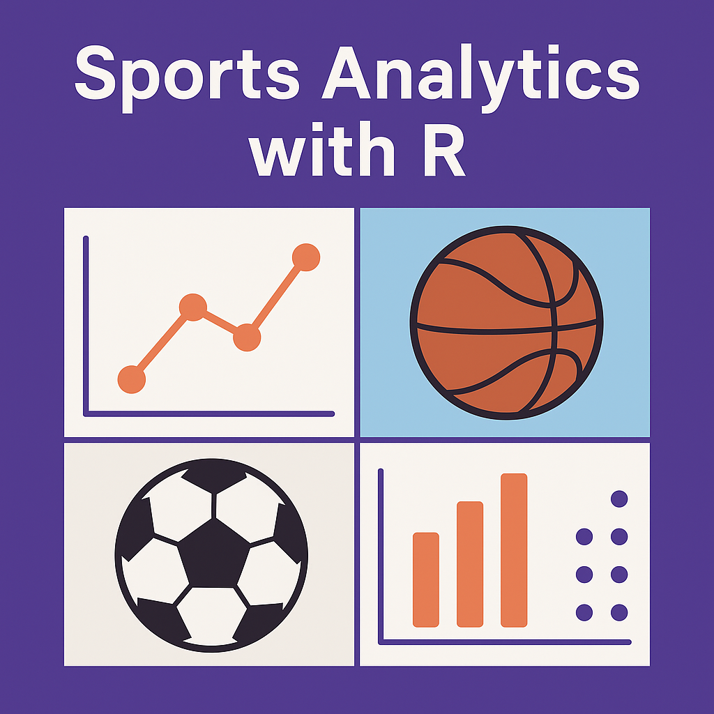 Square cover image for the guide on how to get started in sports analytics with R, showing data charts and sports icons.