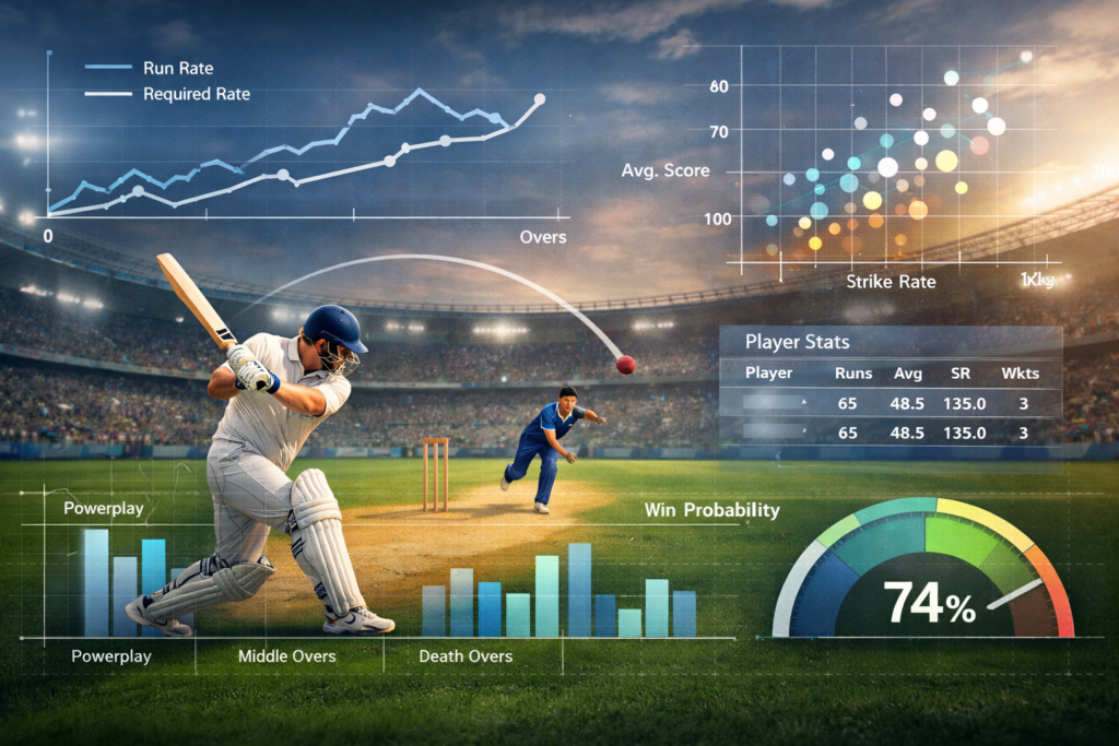 Cricket analytics in R visualizing ball-by-ball data, player performance metrics, win probability, and match insights using cricketdata