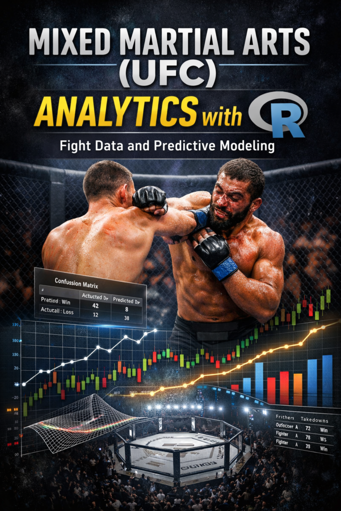 Book cover showing two MMA fighters exchanging punches inside a UFC octagon, overlaid with data visualizations, charts, and predictive analytics graphics, representing UFC analytics and fight modeling with R programming.