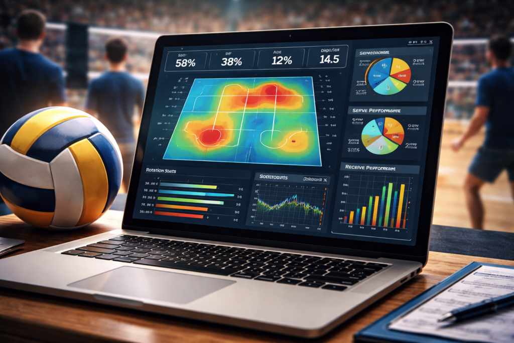 Volleyball analytics with R showing serve receive heatmaps, rotation efficiency charts, and match performance statistics on a digital dashboard.