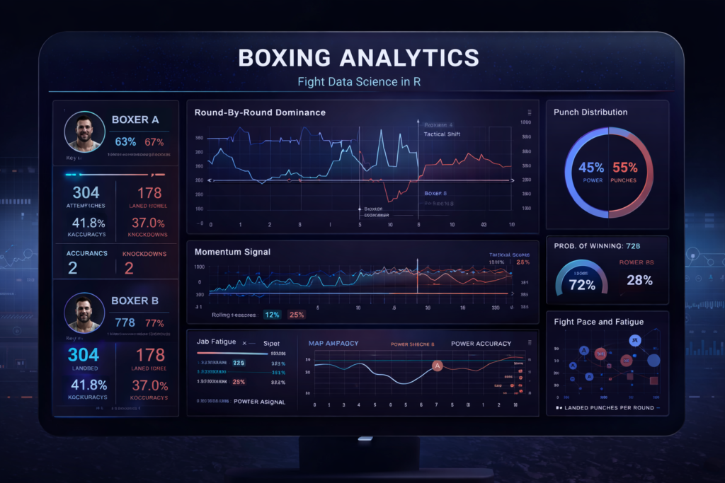 Fight data science in R dashboard showing boxing performance statistics, modeling metrics, and round-by-round analysis