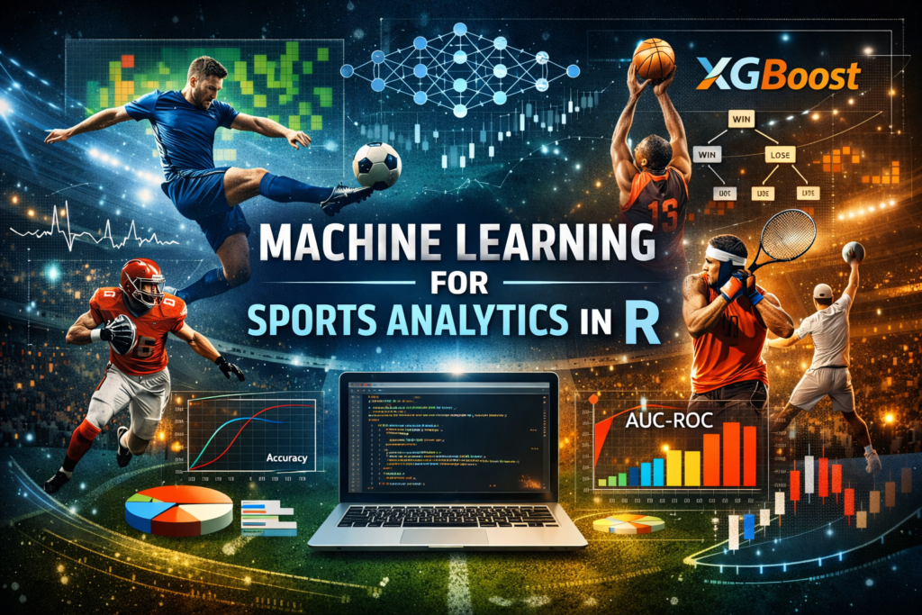 Digital illustration of Machine Learning for Sports Analytics in R featuring athletes, data visualizations, Random Forest and XGBoost diagrams, performance charts, and R code on a laptop inside a stadium background.