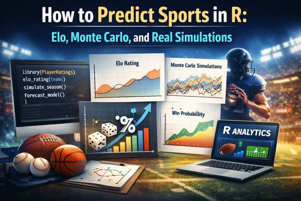 Illustration of sports analytics in R showing Elo ratings, Monte Carlo simulations, win probability charts, and R code on screens inside a stadium, representing sports prediction modeling.