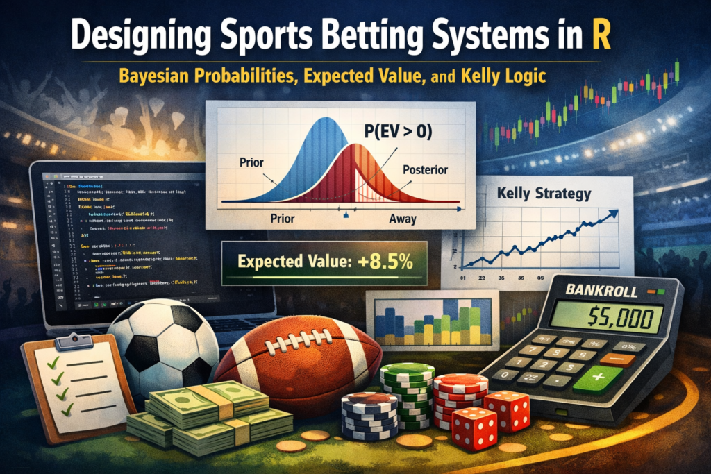 Illustration of a Bayesian sports betting system in R showing probability distributions, expected value, Kelly strategy charts, betting odds, and bankroll management visuals.