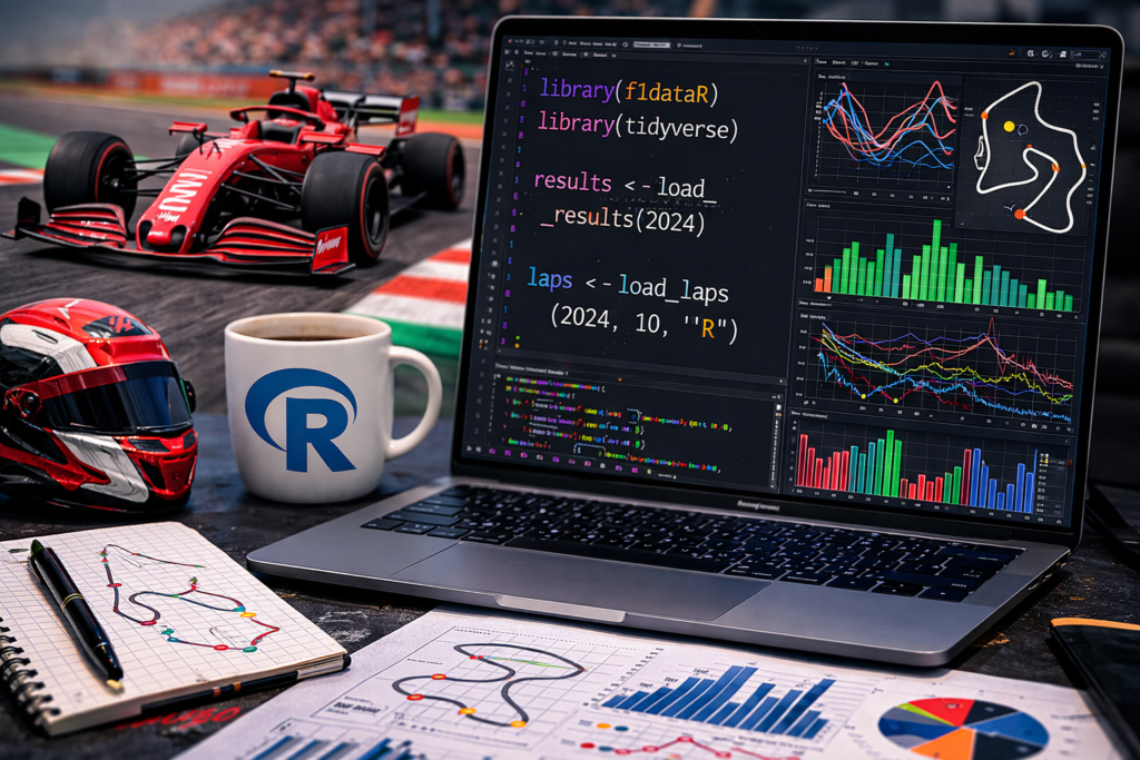 Formula 1 data analysis in R using the f1dataR package, showing lap time charts, pit stop strategy graphs, and driver performance visualizations on a laptop.